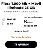 Fibra y Móvil 23GB por 8€ en Adamo