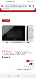Microondas - Taurus 970.930 Ready, 700 W, 20 L, 6 velocidades, Descongelación, Blanco por 39,90€