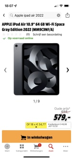 Apple ipad Air 10.9'' 64GB Wifi Space Grey Edition 2022 voor €579 bij de Mediamarkt