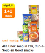Alle Unox soep in zak, Cup-a-Soup en Good snacks 1+1 gratis bij de AH