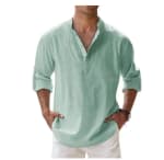 Chemise en Lin - Homme Manches Longues, Vert, Coupe Slim, Col Mao à 19,70€