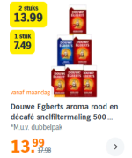 2 pakken Douwe Egberts aroma rood en décafé snelfiltermaling 500 gram voor €13,99 bij de AH