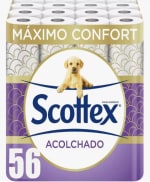 56 rollos Scottex Papel higiénico acolchado con 3 capas por 16,84€