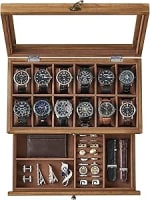 SONGMICS Watch Box with 12 Slots, 2-Tier Wood Watch Case with Large Glass Lid, Watch