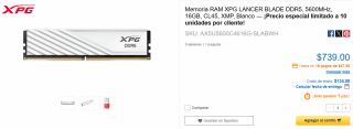 RAM XPG LANCER BLADE DDR5 5600MHz 16GB por $739 | CyberPuerta