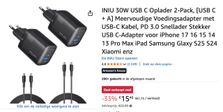iNIU 30W USB-C Oplader 2-Pack voor €15,46 bij Amazon