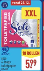 18 rollen SOLO 4-laags toiletpapier voor €5,99 bij de Aldi