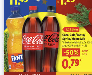 Lidl Duitsland 1,25 liter Coca-Cola, Mezzo Mix, Sprite, Fanta voor 79 cent