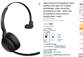 Jabra Evolve2 55 draadloze stereo headset voor €94,03 bij Amazon