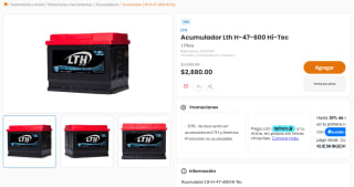 Acumulador LTH H-47-600 Hi-Tec por $2,880 en Chedraui