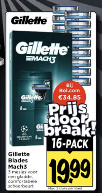 Gillette Mach3 mesjes (16 stuks) voor €19,99 bij Vomar
