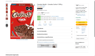 Cereal Carlos V Nestlé 590g por $40 | Amazon