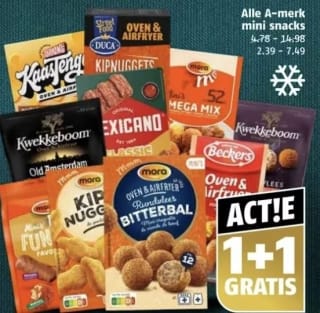 1+1 gratis op alle A merk mini snacks bij poiesz