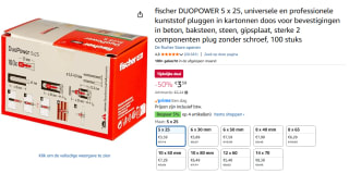 FISCHER Nylon plug Duopower 5x25, 100 stuks voor €3,59 bij Amazon
