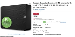 Seagate Expansion Desktop 20TB, Externe Harde Schijf voor €336,99 bij Amazon belgie
