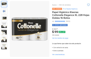 Papel Higiénico Kleenex Cottonelle XL 16 Rollos por $99 | Mercado Libre