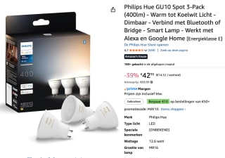 Philips Hue Spot - warm-tot koelwit licht - 3 pack - GU10 voor €42,95 bij Amazon