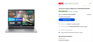 Acer Aspire 3 Ryzen7 32GB 512GB por $9,671 | Walmart (12 MSI)