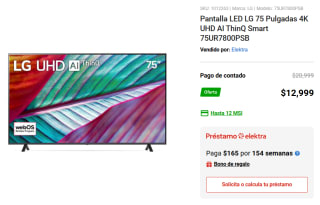 Pantalla LED LG 75 Pulgadas 4K UHD AI ThinQ Smart 75UR7800PSB
