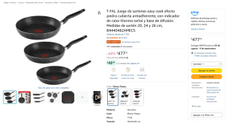 T-FAL Juego de sartenes Easy Cook 20, 24 y 26 cm por $478 en Amazon