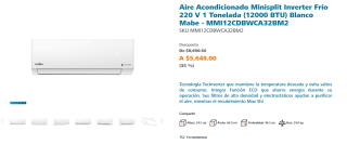 Aire Minisplit Inverter Frío 220 V 1 Ton (12000 BTU) por $5,649 | Mabe