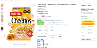 Cereal Nestlé Cheerios Miel 480g por $34 en Amazon