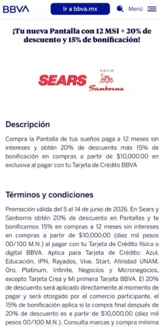 Bonificación en Sears y Sanborns con TV | BBVA