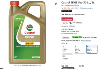 Motorolie CASTROL Edge 5W30 M 5L voor €48,99 bij Amazon