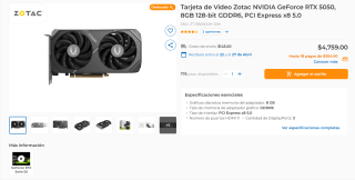 Tarjeta Zotac RTX 5050 8GB 128-bit GDDR6 por $4,769 | CyberPuerta