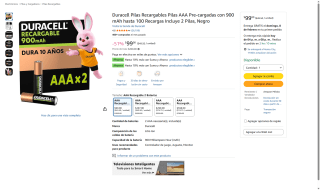 Duracell AAA Rec 900mAh NiMH 2 Unidades por $99 | Amazon