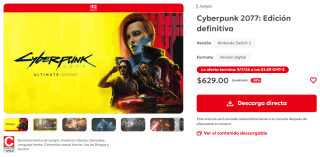Cyberpunk 2077: Edición Definitiva por $629 | Oferta Nintendo eShop