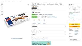 Mac'Ma Galleta cubierta de chocolate Picolo 115g por $36 en Amazon