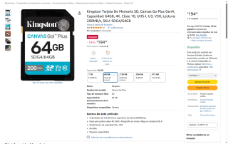 Tarjeta SD 64GB 4K UHS-I Kingston $194 | Oferta Amazon
