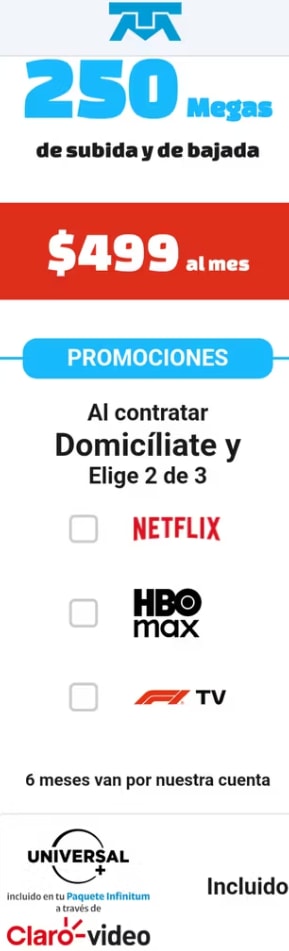 250 MB + 4 Aplicaciones de Streaming por $499 | Telmex