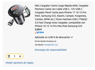 INIU Cargador Coche Carga Rápida 60W con Cable USB C por 5.09€