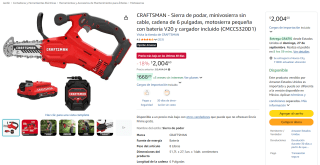 CRAFTSMAN Sierra de podar (CMCCS320D1) por $2,005 en Amazon