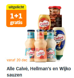 Alle Calvé, Hellman's en Wijko sauzen 1+1 Gratis bij de AH