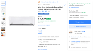 Aire Acondicionado Evans 1t 220v por $3,729 | Mercado Libre (HSBC)