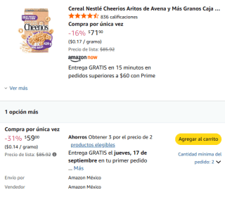 Cereal Nestlé Cheerios Aritos de Avena y Más Granos 420g por $39 en Amazon