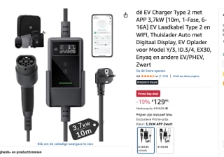 dé EV Charger Type 2 met APP 3,7kW [10m, 1-Fase, 6-16A] voor €129,95 bij Amazon