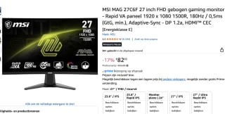 MSI MAG 27C6F 27" Full HD 180Hz Curved VA Gaming monitor voor €82,63 bij Amazon