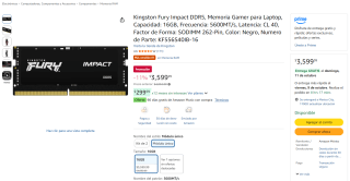 Kingston Fury Impact DDR5 16GB por $3,600 en Amazon