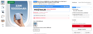 Batería externa UGREEN 10000mAh 33W por $487 en AliExpress