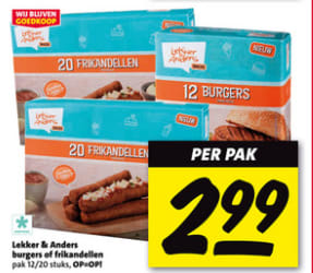 Lekker & Anders 20 frikandellen of 12 hamburgers voor €2,99 bij Nettorama