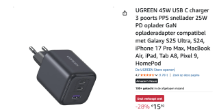 UGREEN 45W USB C charger 3 poorts PPS snellader voor €15,92 bij AMazon