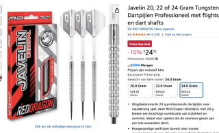 Javelin Black 24 Gram Tungsten Dartpijlen Set voor €24,52 bij Amazon