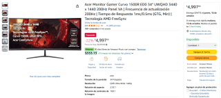 Monitor Acer Curvo 34" 200Hz en $4,997 | Oferta Amazon