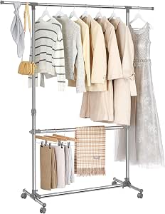 SONGMICS Burro para Ropa, Doble Barra con Ruedas, Extensible por 20.24€