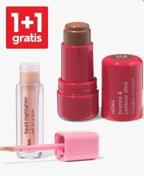 1+1 gratis op liquid blush, highlighter, bronzer en sticks bij HEMA