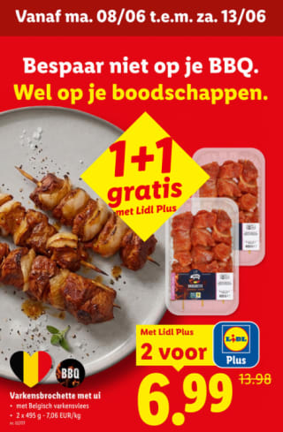 2 x 495 g varkensbrochette met ui voor €6,99 bij Lidl Plus
